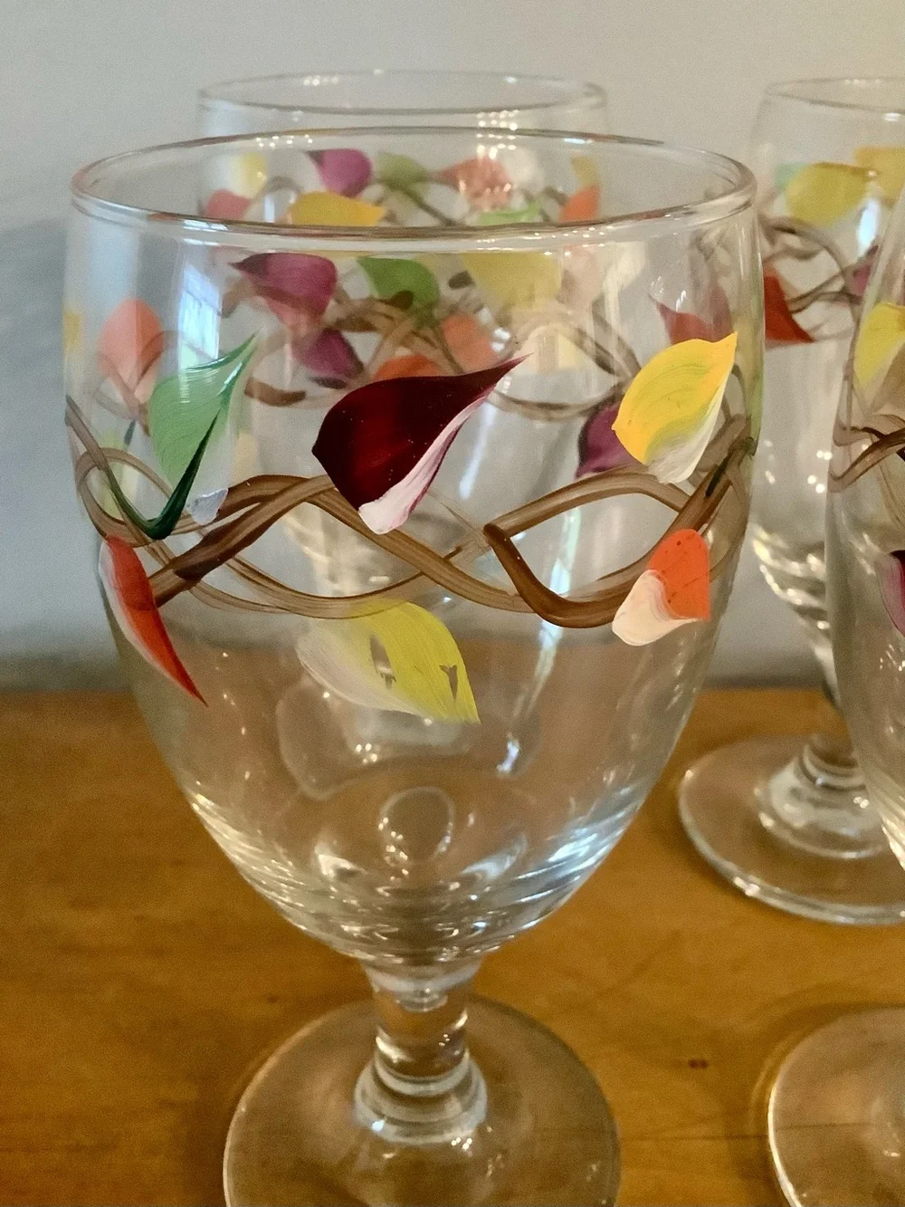 Colorful Hand Painted Leaf Stemmed Wine Glasses - Set of 4